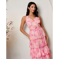 Sleeveless Floral Print Midi Dress in Pink|CHI CHI LONDON Hot