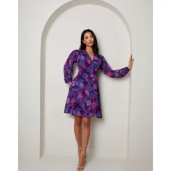 V Neck Floral Printed Chiffon Dress in Purple|CHI CHI LONDON Sale