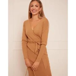 Wrap Split Side Knitted Midi Dress in Camel|CHI CHI LONDON Clearance