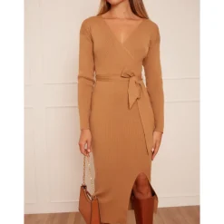 Wrap Split Side Knitted Midi Dress in Camel|CHI CHI LONDON Clearance