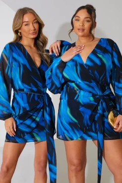 Chiffon Abstract Drape Wrap Mini Dress|In the Style Discount