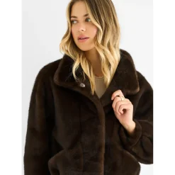 Coffee Funnel Neck Button Up Faux Fur Jacket|Gini London New