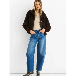 Coffee Funnel Neck Button Up Faux Fur Jacket|Gini London New