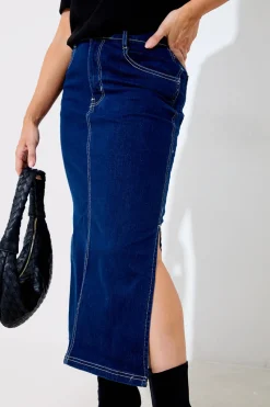 Contrast Stitch Denim Midi Skirt|In The Style Sale
