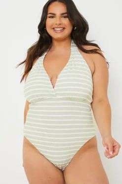 Control Crinkle Stripe Halter Swimsuit with Ruched Sides|In the Style Discount