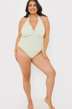 Control Crinkle Stripe Halter Swimsuit with Ruched Sides|In the Style Discount