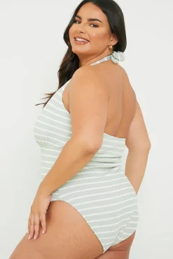 Control Crinkle Stripe Halter Swimsuit with Ruched Sides|In the Style Discount