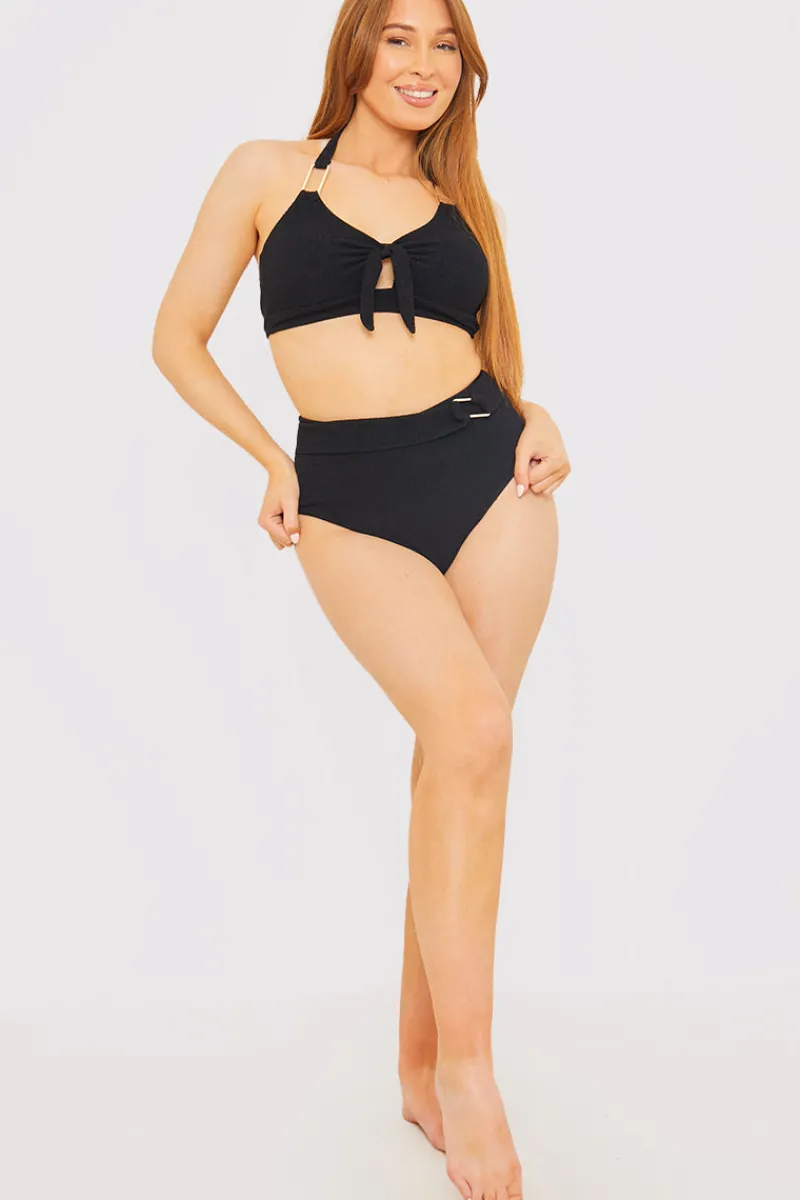 Control Textured Gold Bar Detail High Waisted Bikini Bottom|In the Style Best