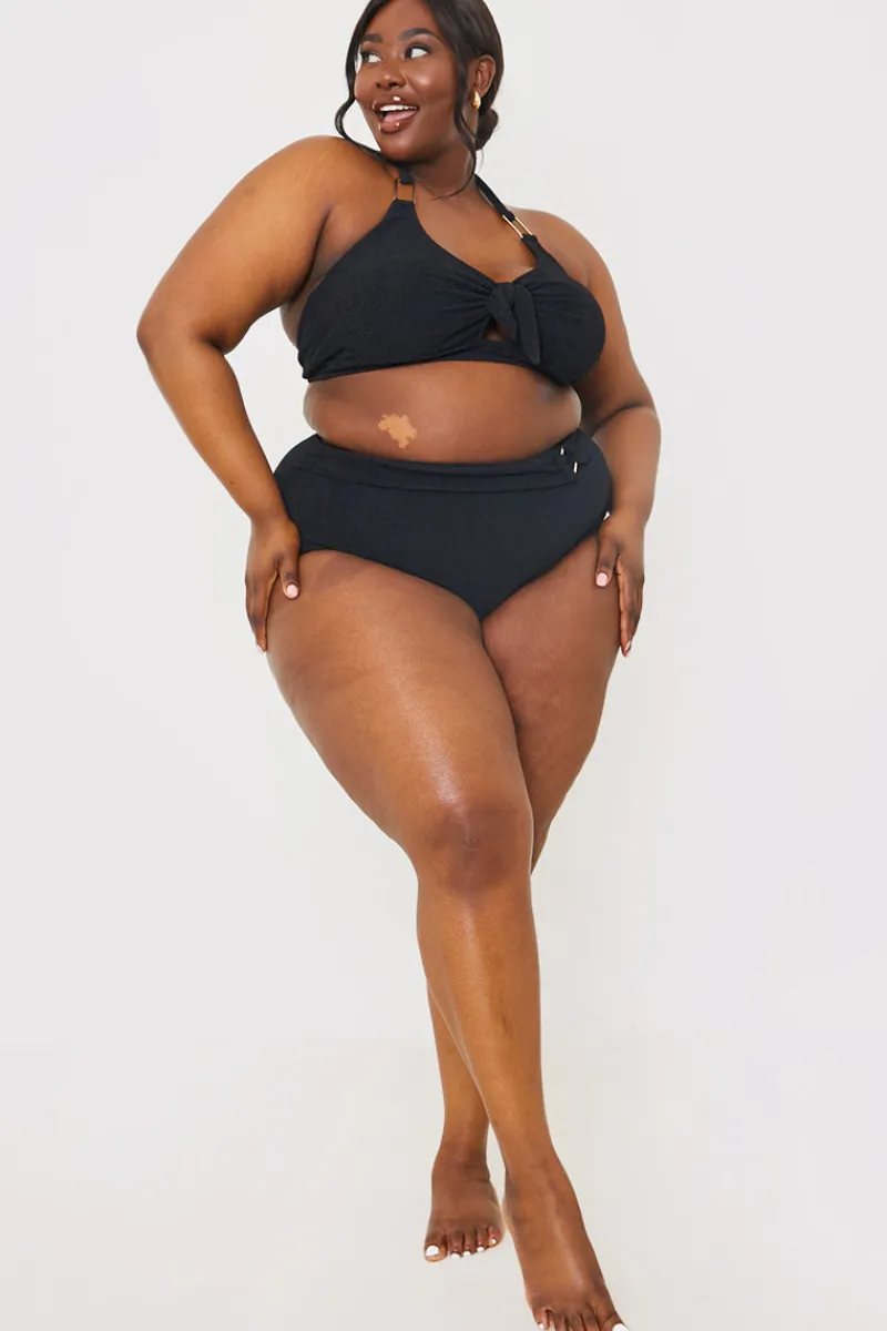 Control Textured Gold Bar Detail High Waisted Bikini Bottom|In the Style Best