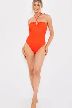 Control Textured Keyhole Front Halter Neck Swimsuit|In the Style Outlet