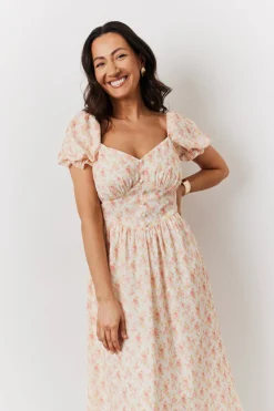 Cream Floral Print Puff Sleeve Milkmaid Midi Dress|In The Style New