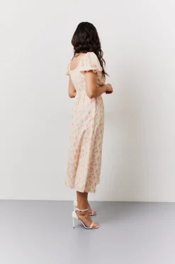 Cream Floral Print Puff Sleeve Milkmaid Midi Dress|In The Style New
