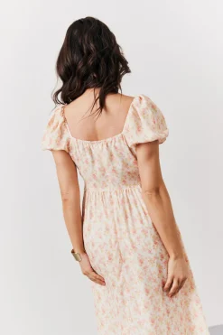 Cream Floral Print Puff Sleeve Milkmaid Midi Dress|In The Style New