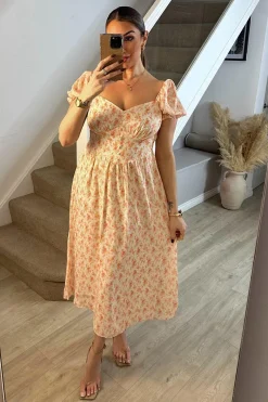 Cream Floral Print Puff Sleeve Milkmaid Midi Dress|In The Style New