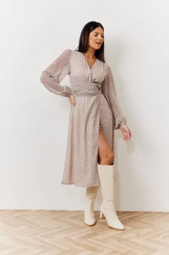 Cream Geometric Print Chiffon Balloon Sleeve Wrap Midi Dress|In the Style Online