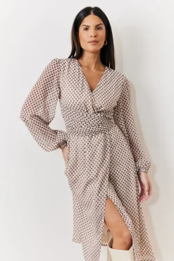 Cream Geometric Print Chiffon Balloon Sleeve Wrap Midi Dress|In the Style Online