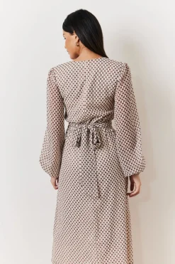 Cream Geometric Print Chiffon Balloon Sleeve Wrap Midi Dress|In the Style Online