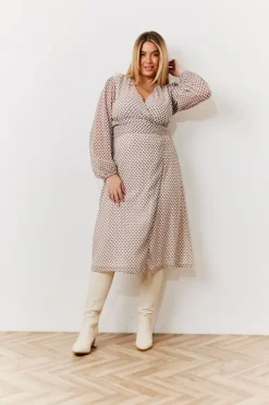 Cream Geometric Print Chiffon Balloon Sleeve Wrap Midi Dress|In the Style Online