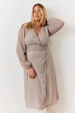 Cream Geometric Print Chiffon Balloon Sleeve Wrap Midi Dress|In the Style Online
