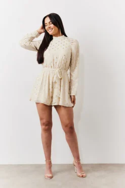 Gold Fleck Detail High Neck Belted Playsuit|In the Style Online