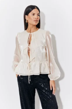 Organza Tie Front Puff Sleeve Top|In the Style Sale