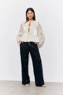 Organza Tie Front Puff Sleeve Top|In the Style Sale