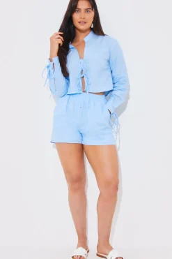 Cropped Tie Front Linen Look Co-Ord Shirt|In the Style Outlet