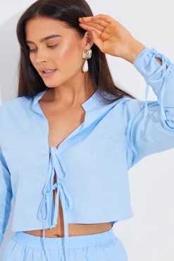 Cropped Tie Front Linen Look Co-Ord Shirt|In the Style Outlet