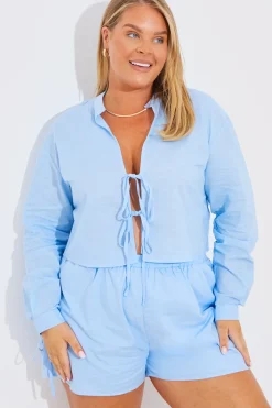 Cropped Tie Front Linen Look Co-Ord Shirt|In the Style Outlet