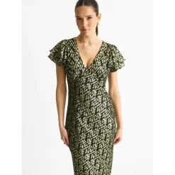 Dark Green Viscose Clipped Gold Jacquard Bias Cut Maxi Dress|Gini London Outlet