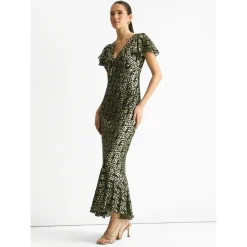 Dark Green Viscose Clipped Gold Jacquard Bias Cut Maxi Dress|Gini London Outlet