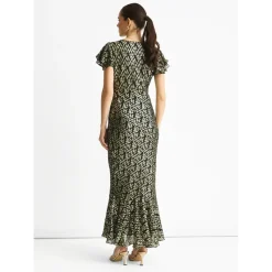 Dark Green Viscose Clipped Gold Jacquard Bias Cut Maxi Dress|Gini London Outlet