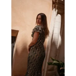 Dark Green Viscose Clipped Gold Jacquard Bias Cut Maxi Dress|Gini London Outlet