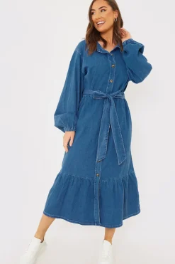 Denim Belted Tiered Midaxi Shirt Dress|In the Style New