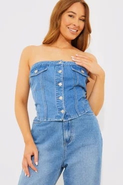 Denim Button Through Bandeau Top|In The Style Best