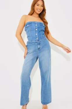 Denim Button Through Bandeau Top|In The Style Best