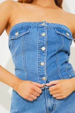 Denim Button Through Bandeau Top|In The Style Best