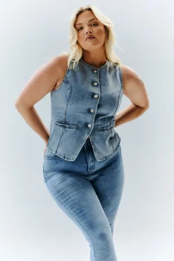 Denim Crew Neck Waistcoat|In The Style New