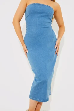 Denim Slim Fit Bandeau Midi Dress|In the Style Hot