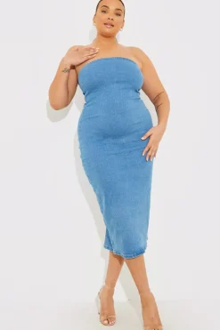 Denim Slim Fit Bandeau Midi Dress|In the Style Hot