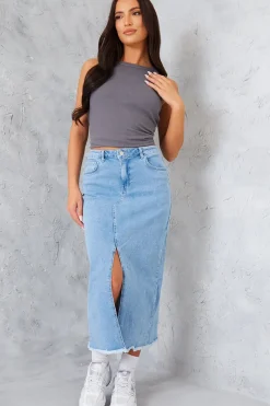 Denim Split Detail Midi Skirt|In the Style New