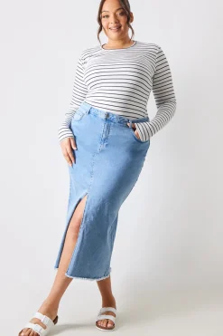 Denim Split Detail Midi Skirt|In the Style New