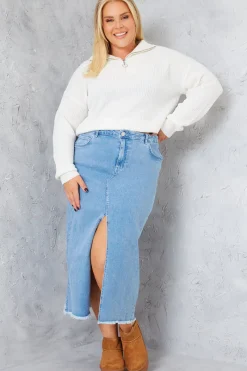 Denim Split Detail Midi Skirt|In the Style New