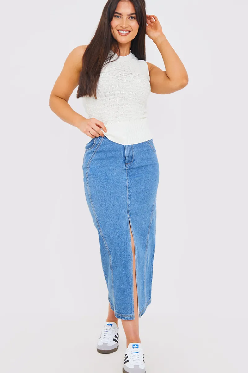 Denim Split Midaxi Skirt|In the Style Clearance