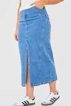 Denim Split Midaxi Skirt|In the Style Clearance