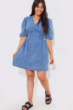 Denim V Neck Shirred Waist Tie Back Mini Dress|In The Style Outlet