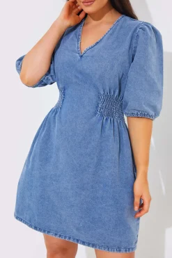 Denim V Neck Shirred Waist Tie Back Mini Dress|In The Style Outlet