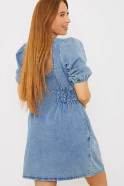 Denim V Neck Shirred Waist Tie Back Mini Dress|In The Style Outlet