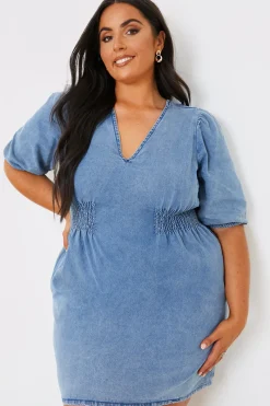 Denim V Neck Shirred Waist Tie Back Mini Dress|In The Style Outlet