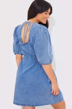 Denim V Neck Shirred Waist Tie Back Mini Dress|In The Style Outlet